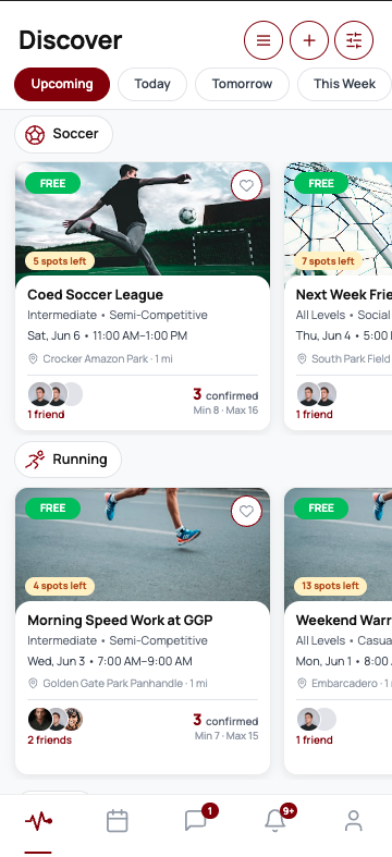 The thump! discover feed listing nearby pickup games by sport, distance, and skill level.