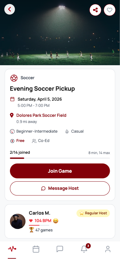 A thump! game detail screen showing the roster, location, time, and join button for a pickup game.