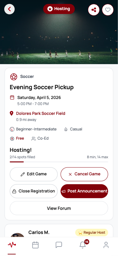The thump! host management screen for approving players, managing the waitlist, and running a game.