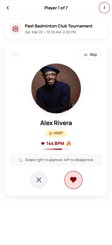 The thump! post-game rating screen, swiping to vouch for the players who made the run better.