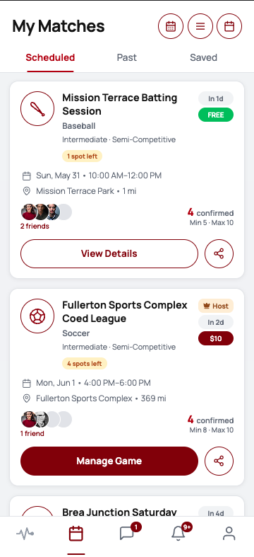 The thump! app showing a player's upcoming and past pickup games.